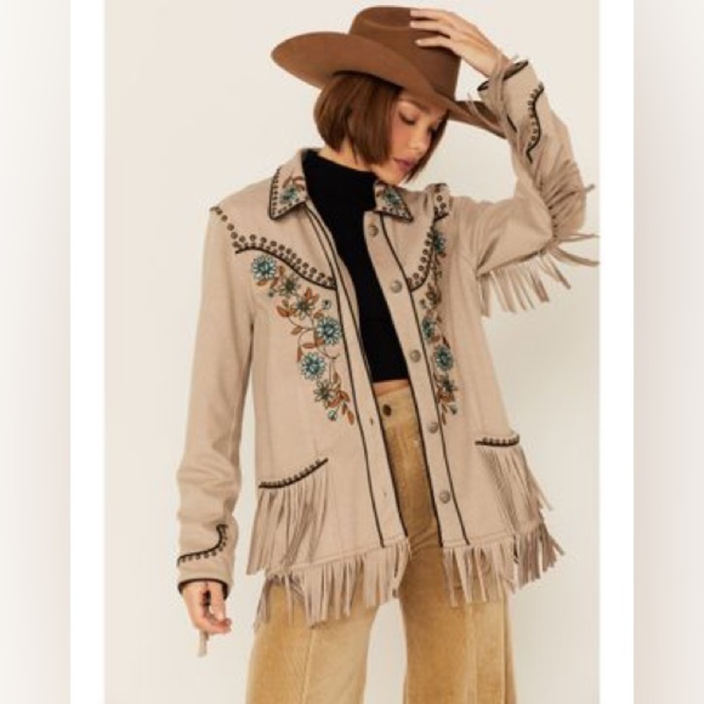 Double D Ranch Women's Floral Embroidered Studded Fringe Jacket